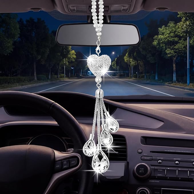 Frienda Bling Car Rear View Mirror Accessories for Women Gift Cute Heart Crystal Hanging Charm Diamond Decoration Lucky Interior Ornament Pendant(9.8 Inch,White)