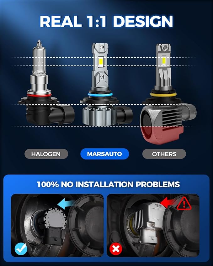 Marsauto 9005 Bulb, 40000LM Brightness Output 6000K Cool White,9005 HB3 Fog Bulbs IP68 Waterproof 60000Hrs Lifespan, 3Mins Installation, 2 Pack