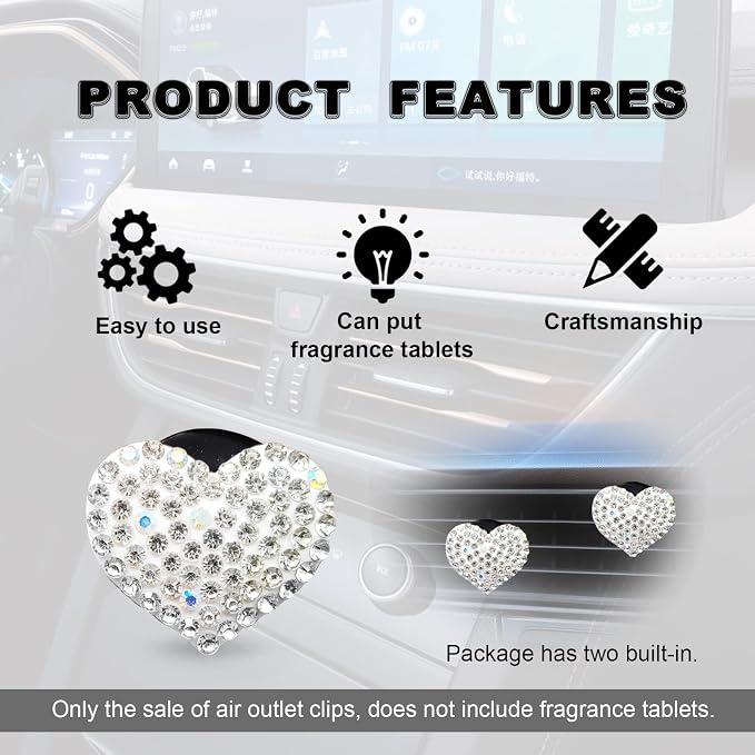 2Pcs Car Air Vent Clip, Bling Crystal Heart Charms Car Air Vent Clips, Car Air Conditioning Outlet Clip Decorative, Car Interior Decoration Accessories Universal for Women and Man (White)