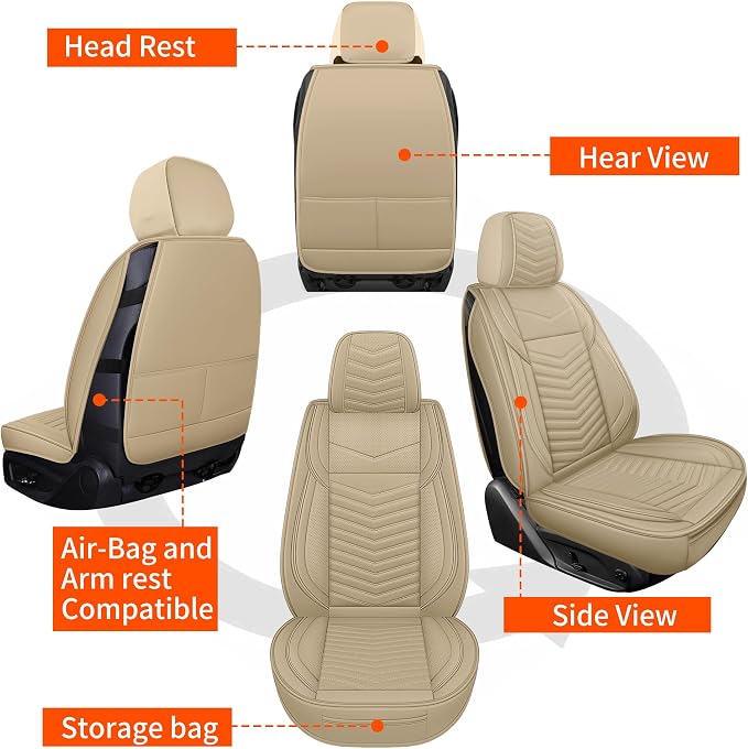 HChengkikz Nappa Leather Car Seat Covers Front Seats, Beige Car seat Protector, Waterproof Car Seat Cushion, Universal Automotive Seat Covers Fit for SUV Truck Pick-up Sedan and Most Cars | Easy Maintenance, Airbag Compatible, Universal Fit For Most SU...