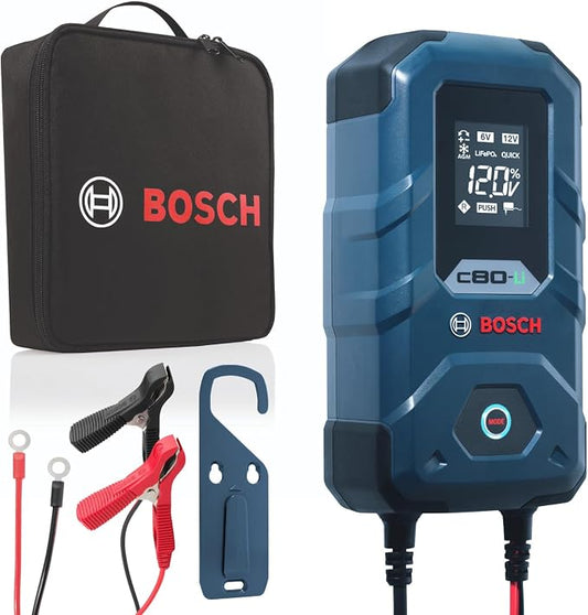 BOSCH C80-Li: 15A 6V/12V Next-Gen Battery Charger for Lead-Acid & Lithium | Including AGM, EFB, Gel & SLI - Unique 20A Fast-Mode & Smart Maintenance, Trickle Functionality & Advanced Safety Features