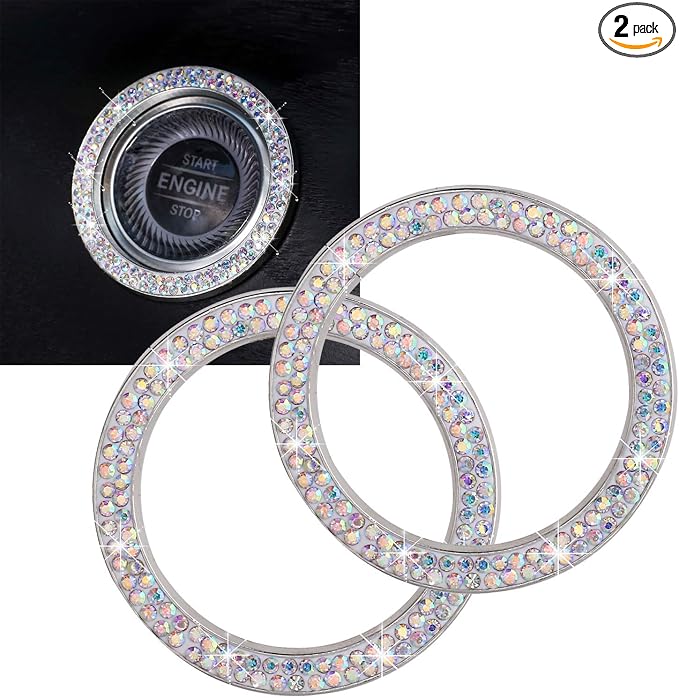 ToBeQueen Car Crystal Ring Sticker Multicolor Bling Ring Interior Emblem,2 Pcs Crystal Car Decal Start Engine Ignition Button for Women Girl Rhinestone Bling Car Accessories Colorful