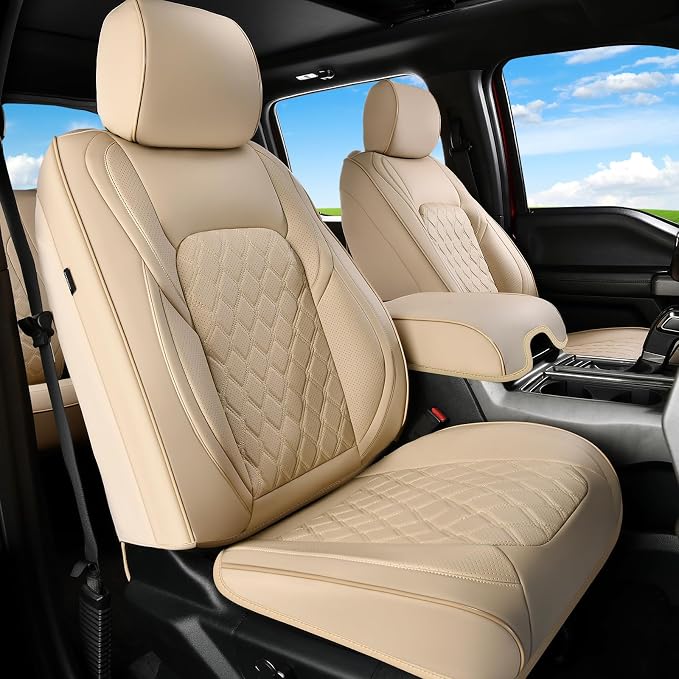 Huidasource F250 Front Seat Covers, 360° Full Coverage Leather Car Seat Protector Fit for Ford F150 2015-2026&F250 F350 F450 2017-2026 All Cab XL XLT Lariat King Ranch Platinum (Front Pair/Beige)