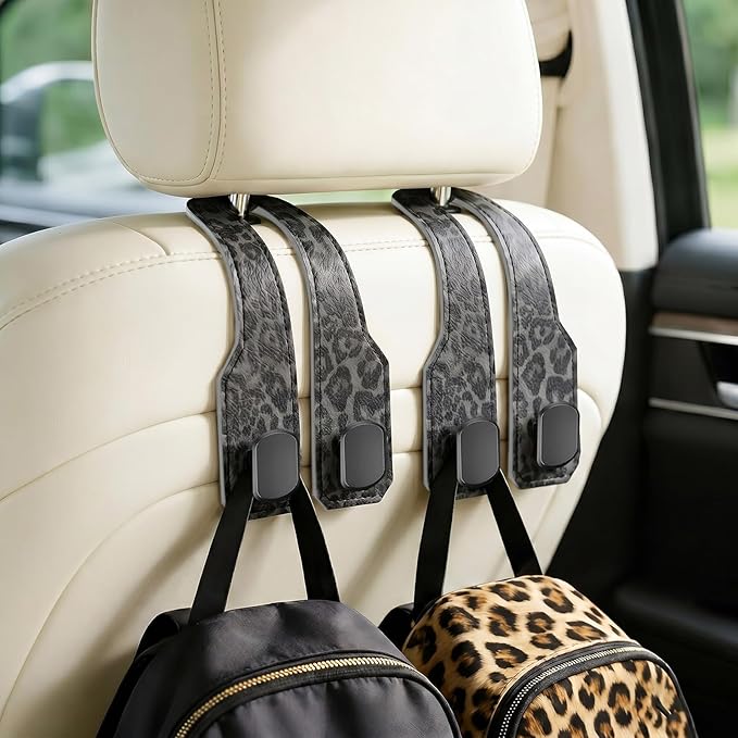 Car Hooks for Headrest: 2Pcs Headrest Hooks for Car - Premium Leather Double Metal Hook - Purse Hook for Car Headrest - Car Headrest Hooks for Purses, Handbags, Bags - Black Leopard