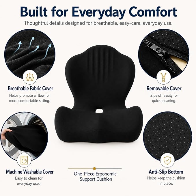Ergonomic Car Seat Cushion with Lumbar Support, Pressure-Responsive Memory Foam, Enhanced Pelvic Stability for Pressure Relief, Ideal for Long Driving, Office & Home (Deep Black)