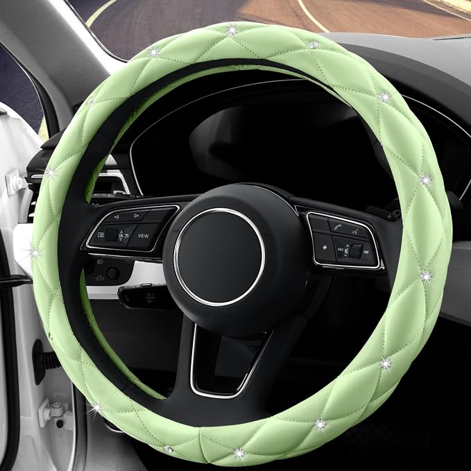YOGURTCK Cute Diamond Soft Leather Anti-Slip Steering Wheel Cover with Bling Bling Crystal Rhinestones, Universal 15 Inch for Women Girls, Fit Vehicles, Sedans, SUVs, Vans, Trucks - Neon Green
