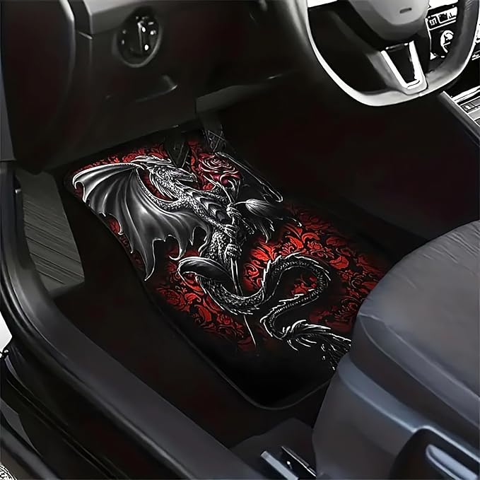 Universal Fit Car Floor Mats Set of 4Pcs, Black Dragon Rose Print All-Weather Front Rear Car Carpet Mats, Non-Slip Car Floor Mat Car Accessories for Automotive Trucks SUV Sedans Vans