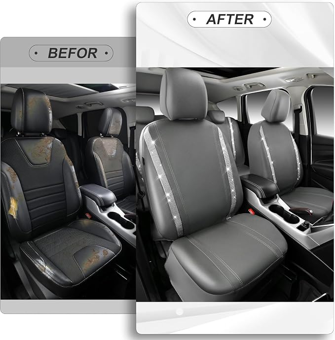 CAR PASS Bling Car Seat Covers Full Set, Shining Glitter Rhinestone Diamond Waterproof Faux Leather Interior Sets Universal Fit Automotive Glitter Crystal Sparkle Strips for Cute Women Girl, Gray