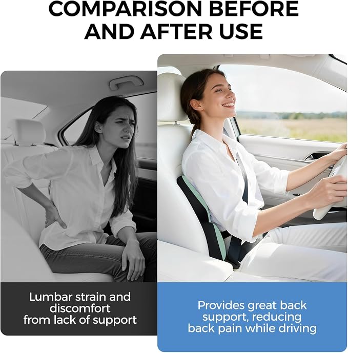 BEBAS Ergonomic Memory Foam Lumbar Support Pillow for Car, Green | Zoned Pressure Relief for Back Support, Lumbar Cushion with Fixed Ring, Breathable Washable Cover, Fits for Driving & Office