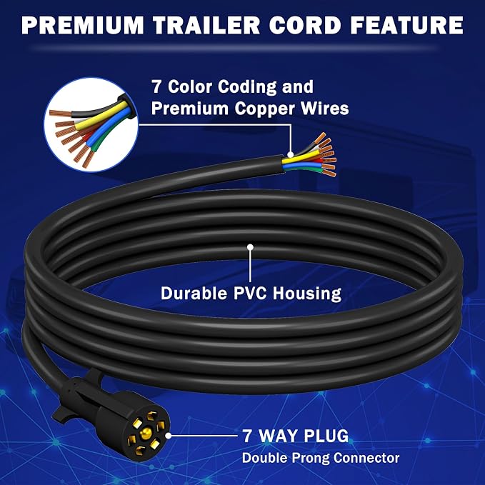 CheeMuii 12 FT 7 Way Trailer Cord Heavy Duty 12 FT Trailer Wiring Harness 7 Pin Trailer Plug Inline Wire Harness Cable for Trailers RVs Campers