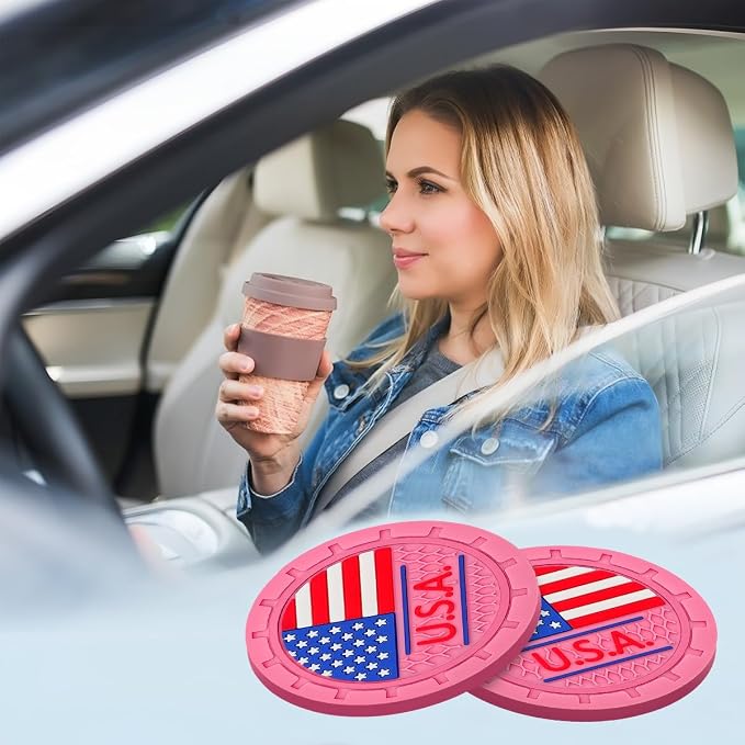 AUCELI 2 Pack Car Cup Holder Coasters, Colored American Flag US Flag Insert Car Cup Coaster, 2.75 Inch Anti Slip Shockproof Embedded Drink Mat, Vehicle Interior Decor Accessories