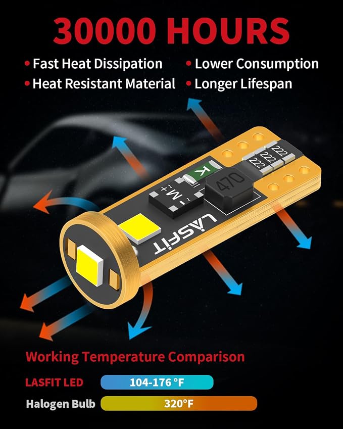 LASFIT 194 168 T10 2825 W5W LED Bulb Canbus Error Free, Non-Polarity 400LM Extremely Bright for Side Marker Map Doors, 12-24V, Amber Yellow, Pack of 2