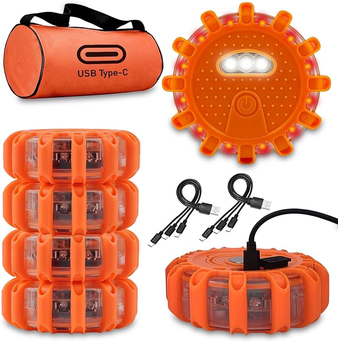 Ecoangel USB-C Rechargeable LED Road Flares Emergency Lights 3 in 1 Cable Roadside Warning Car Safety Beacon Flashing Disc Flare Kit with Magnetic Base for Vehicles
