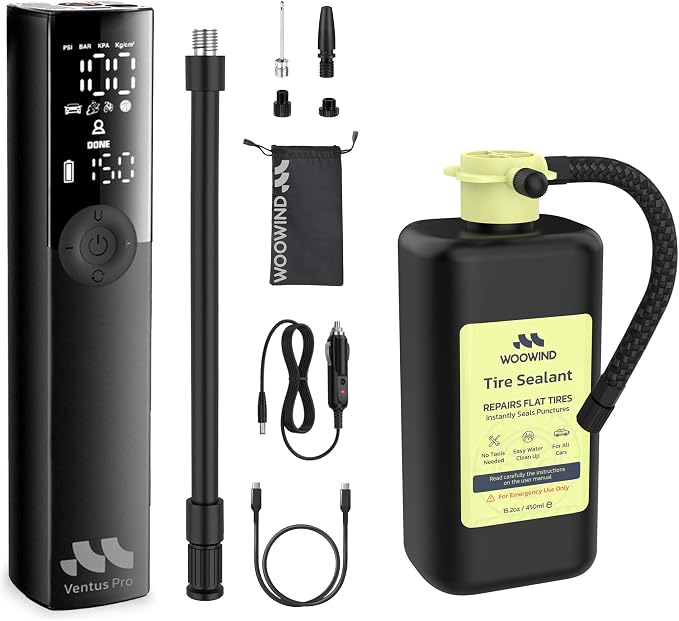 Portable Tire Inflator & Sealant Combo by Woowind – 150 PSI Fast Air Compressor + Emergency Flat Repair for Car, SUV, Bike. Cordless & 12V Power, Auto Shut-Off, LED Light (Ventus pro + Tire sealant)