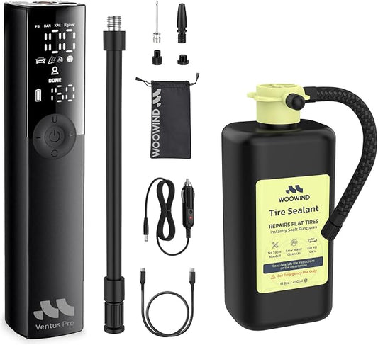 Portable Tire Inflator & Sealant Combo by Woowind – 150 PSI Fast Air Compressor + Emergency Flat Repair for Car, SUV, Bike. Cordless & 12V Power, Auto Shut-Off, LED Light (Ventus pro + Tire sealant)