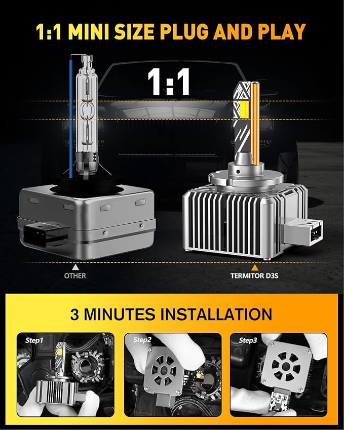 Termitor Latest D3S Bulbs, 50,000LM Brightness, 6500K Cool White, IP68 Waterproof, 1:1 D3S Original HID Size, Direct for 66340 42403 42302 HID Assembly, No Adapter Required, Easy Install, Pack of 2