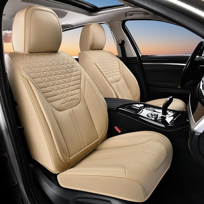 FLORICH Car Seat Covers for Front Seats, Universal Seat Cushion 2 Seats, Car Seat Protector Waterproof, Premium Leather Automotive Seat Covers for Most Cars, Sedans, SUVs, and Trucks-Beige