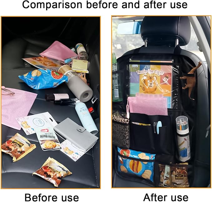 2PCS Car Seat Back Organizer, Waterproof Vehicle Storage Bag with Touch Screen Tablet Holder & 9 Pockets, Auto Kick Mats Back Seat Protector for Kids, Universal Travel Accessories (Gray/Small)