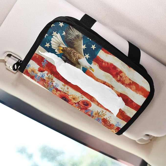 Car Visor Tissue Holder Mask Holder for Car, Car Tissue Box Sun Visor Napkin Holder Car Visor Accessories Adjustable Straps Reusable Durable Easy to Install Patriotic Eagles Poppy Wildflowers