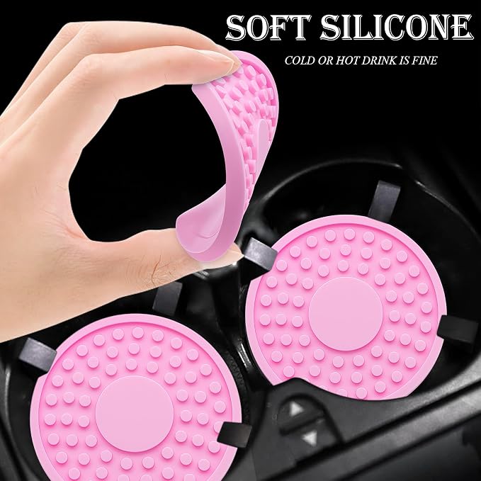 2 Pack Anti-Slip Car Cup Holder Mat – 2.75 Inch Silicone Drink Coaster, Secure Fit for Cars & Trucks – Cute Interior Decor for Women & Girls (Pink)