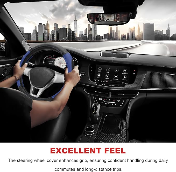 Sport Leather Steering Wheel Cover, 14.5-15 Inch Breathable Auto Steering Wheel Protector with Anti-Slip Lining, Soft Comfortable Leather Wheel Protector for Cars Trucks SUVs (Black & Blue)
