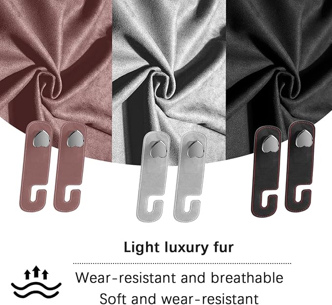 2PCS Car Seat Headrest Hook, Suede Leather Heart Hanger, Gray | 1.77x6.42 Inch, Universal fit, most Sedans/SUVs/Trucks, alloy core, half-open mount, interior accessories