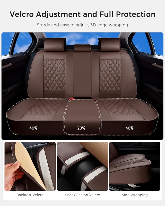 Huidasource Coffee Back Seat Cover, Nappa Leather Rear Seat Cover Velcro Adjustable, Compatible with Seat Belts, Child Safety Seats, Universal Fit for Most Cars SUVs Trucks (Back Row/Coffee)