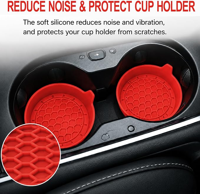 4 Pack Car Cup Holder Coaster, 3.15 Inch Non-Slip Silicone, Red | Cup holder insert, spill proof ,raised lip, honeycomb base, rinse clean, fits most sedans suvs trucks, automotive accessories