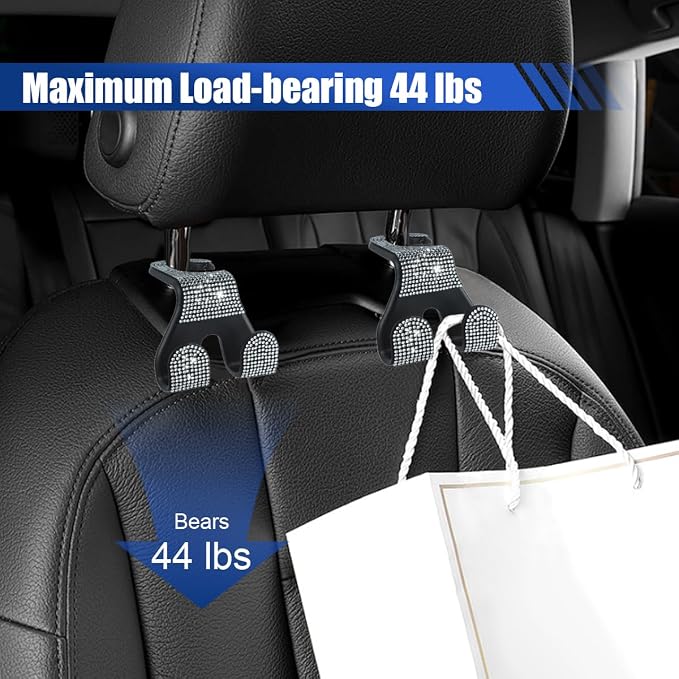 2PCS Car Seat Headrest Hooks, Shiny Crystal Hanger Holder, Backseat Hanger Storage Organizer, Bling Rhinestone Car Purse Hook, Car Accessories for Women Universal for SUV Truck Vehicle (White)