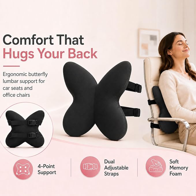Memory Foam Lumbar Support Pillow,Back Support for Office Chair,Back Pillow for Chair,Ergonomic Lower Back Cushion for Desk Chair,Computer Chair,Gaming Chair and Car Seat,Washable Cover（Black）