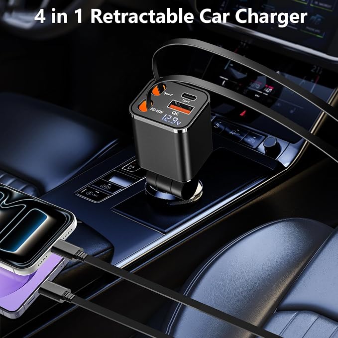 [Apple MFi Certified] Retractable Car Charger, Linocell 120W USB C Car Charger Car Accessories Adapter 4 in 1 PD/QC Type C Fast Charge Car Phone Charger for iPhone 17/17 Pro/16/15/Galaxy S26/S25/Pixel