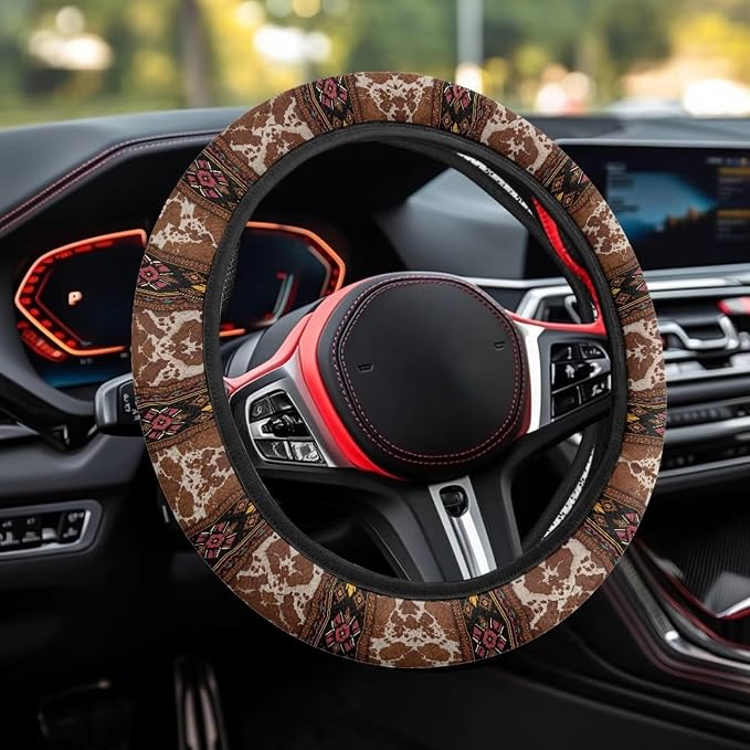 Wanyint Auto Steering Wheel Cover Universal Stretch 15 Inch Anti-Slip Neoprene Car Steering Wheel Protector for Women Men, Aztec Brown Beige Cow Print