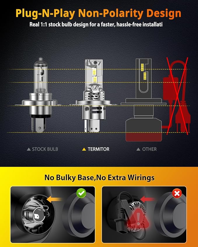 Termitor 7TH-GEN Morden H4/9003/HB2 Light Bulb Combo, 50000LM 12X Ultra Bright 6500K 1:1 Mini Size 9003 H4 Fog Bulbs, 10 Year Extend Lifespan, IP68 Waterproof Headlight Bulb Retainers Pack of 2