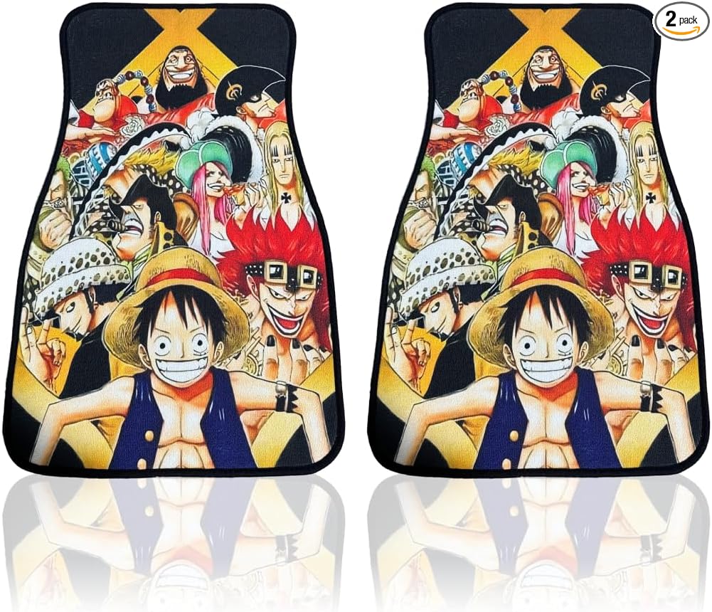 Anime Car Carpet Mat Set of 2 Front, Black OPGroup Design Automotive Accessories Interior All Weather Floor Mats Decor with Non Slip Black Anti Skid Backing