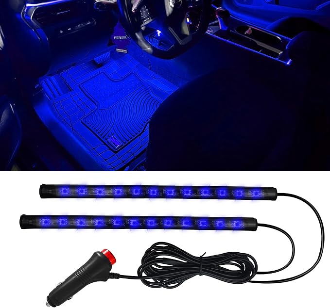 Car LED Strip Light, Car Interior Lights, 12V 24 LED Under Dash Atmosphere Lights with Cigarette Lighter Port, Auto Atmosphere Under Dash Lighting Kit for Vehicles (Blue, Cigarette Lighter)