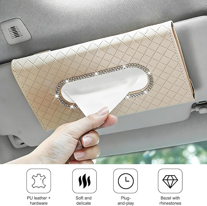 Bling Car Visor Tissue Holder, Crystal Rhinestones Vehicle Sun Visor Hanging Napkin Organizer Case with Ergonomic Take Out Port, Automotive Interior Tissue Dispenser, Universal Fit (Beige)