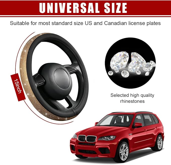 povtii Bling Car Steering Wheel Cover, Sparkling Crystal Rhinestone Auto Wheel Protector, Anti Slip Cover Fit 15 Inch Steering Wheel for Women Girls, Universal Car Accessories (Golden)