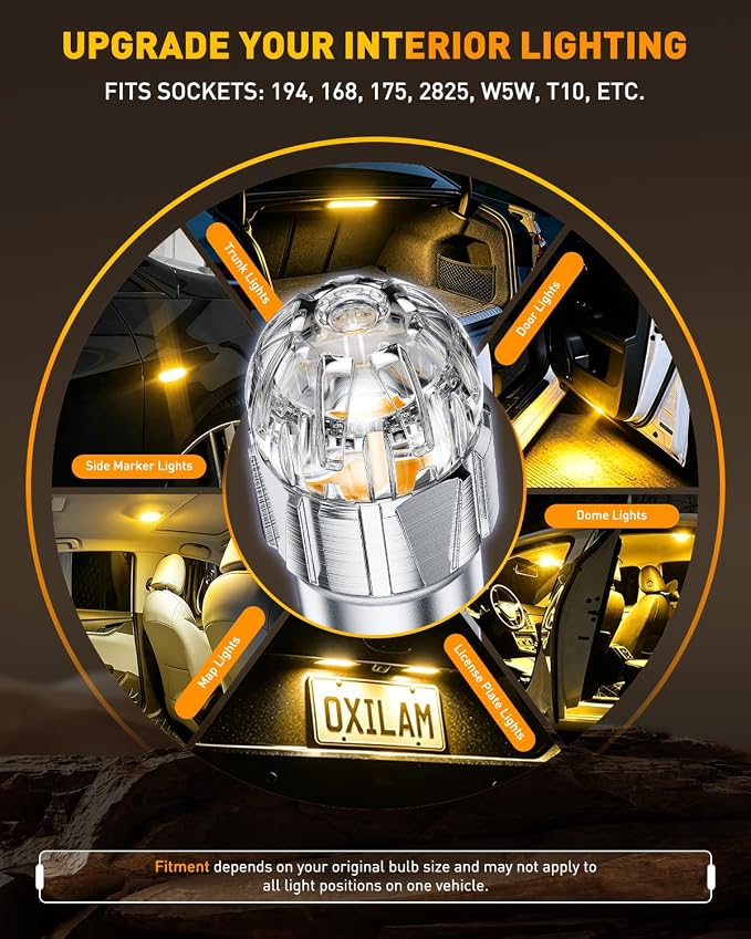 OXILAM 194 LED Bulb Amber Yellow, T10 168 2825 W5W LED Replacement, 700% Brighter Non-Polarity for License Plate Dome Map Door Courtesy Trunk & Side Marker Lights, Pack of 2