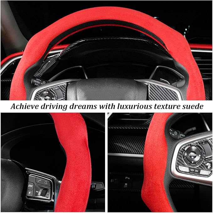 Car Steering Wheel Cover, Soft Brethable Suede Non-Slip Vehicle Steering Wheel Protector, Comfortable Sporty Auto Interior Protection Accessories, Universal for Truck SUV Van (Bright Red)
