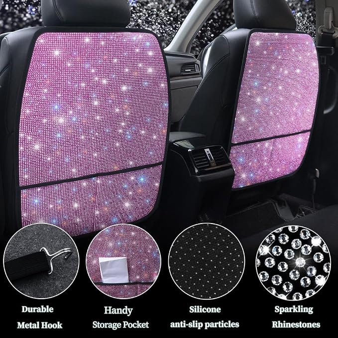 Bling Kick Mats for Car Seats with Pockets – Crystal Diamond Protectors for Girls & Women, Easy-to-Install Backseat Kick Mats with Storage & Sparkling Rhinestones Pink 2pcs