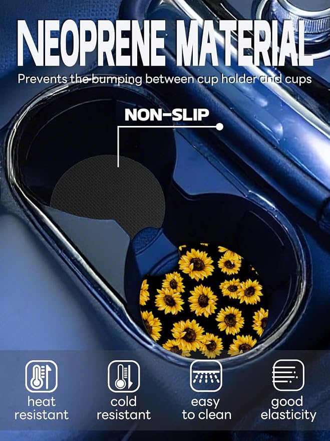 WOCOCN Car Coasters,Cup Holder Coasters for Car,2.75inch Anti Slip and Absorbent,Cute Automotive Interior Accessories for Cup Holder,Pack of 2 (Sun Flower)