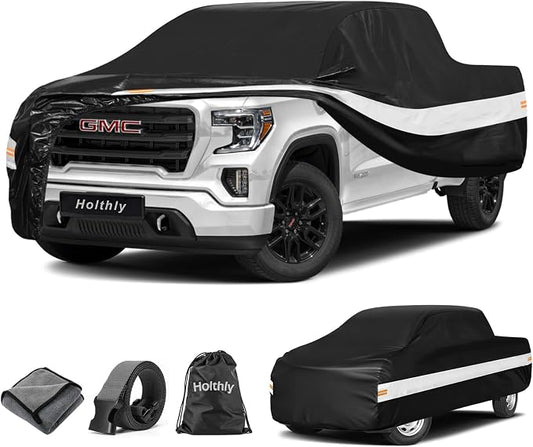 10 Layers Truck Cover Waterproof All Weather Custom Fit GMC Sierra 1500(2002-2026)Double/Extended/Crew Cab Short Bed, Outdoor Full Exterior Pickup Car Cover Sun Rain Snow Ice Protection. Black