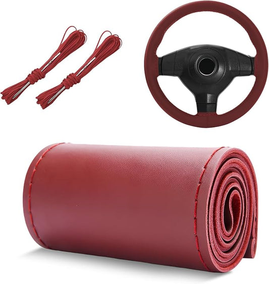 Genuine Leather Steering Wheel Cover, 15 Inch Stitch on Wheel Wrap with Needles & Threads, Breathable Steering Wheel Protector DIY Sewing Wrap for Car Truck SUV (Wine Red, Glossy)
