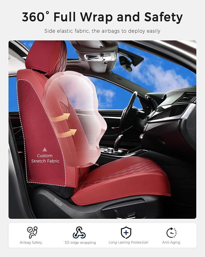 Huidasource Red Seat Covers, Car Seat Covers Nappa Leather Universal Fit for Most Cars, Vans, Trucks, SUVs, Compatible with Airbags, Child Seat, Automotive Seat Covers Velcro Adjustable (Full Set/Red)
