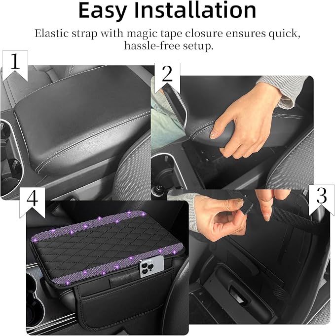 NBTEPEM Bling Car Center Console Cover, Leather Car Arm Rest Cover Cushion with 2 Storage Bags, Universal Auto Armrest Protector Storage Box, Bling Accessories Interior for Most Vehicles (Purple)