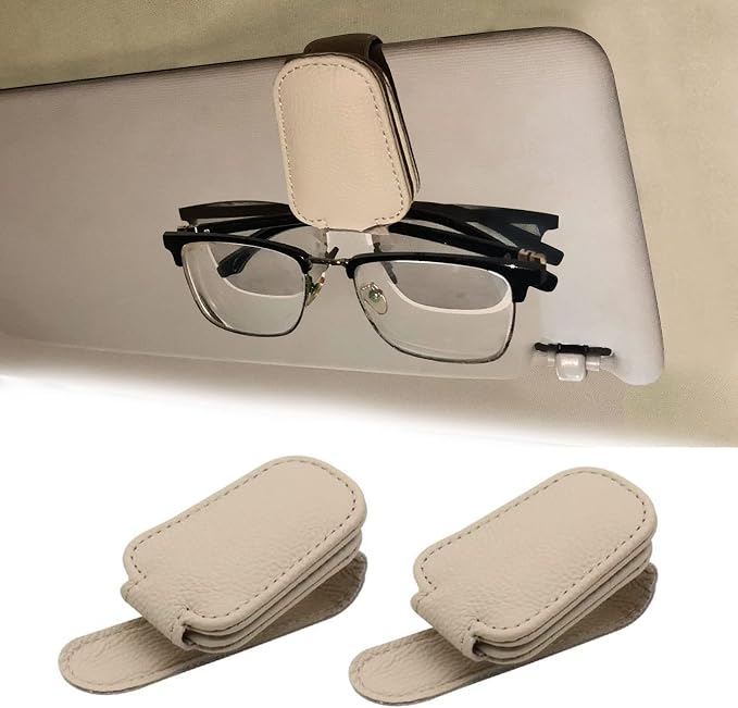 2 Pack Magnetic Leather Car Visor Sunglass Holder (Beige) | Leather Glasses Eyeglass Hanger Clip for Car, Sunglass Clip Glasses Holder for Car Visor