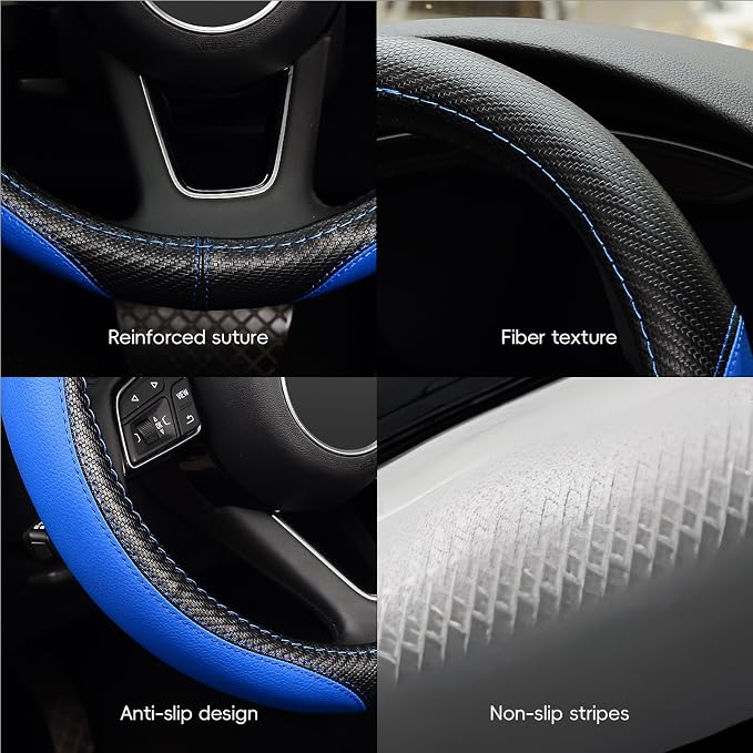 LABBYWAY Microfiber Leather Auto Car Steering Wheel Cover, Universal Fit 15 Inch Anti-Slip Wheel Protector, Blue