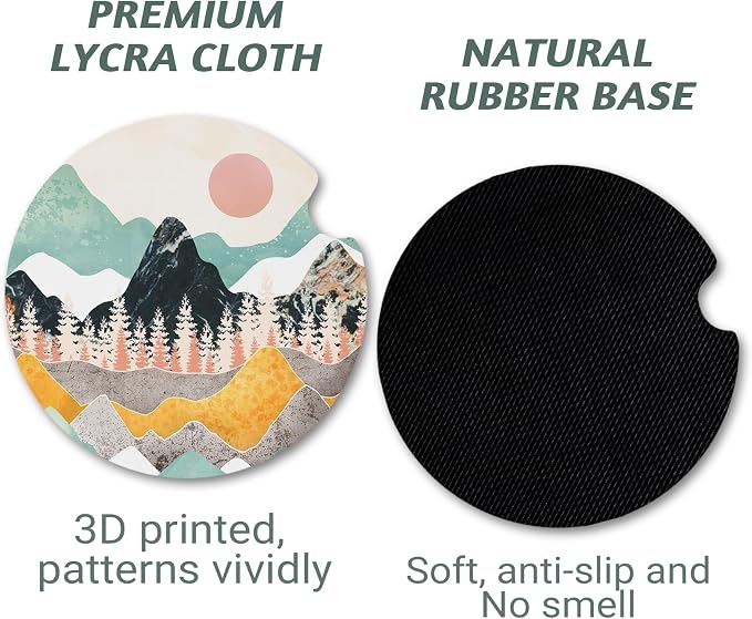 Yonlevres Car Coasters for Cup Holders，2.75" Anti Slip Rubber Mat with A Finger Notch, 2 Pack Car Cup Holder Coasters for Car Interior Accessories for Women Men Boho Abstract Mountain