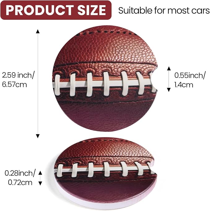 2 Pack Football Car Coasters for Men Women Car Cup Holder Coasters, 2.63 Inch Anti Slip Ceramic Absorbent Coaster with Cork Base and Finger Notch, Funny Car Accessories Interior