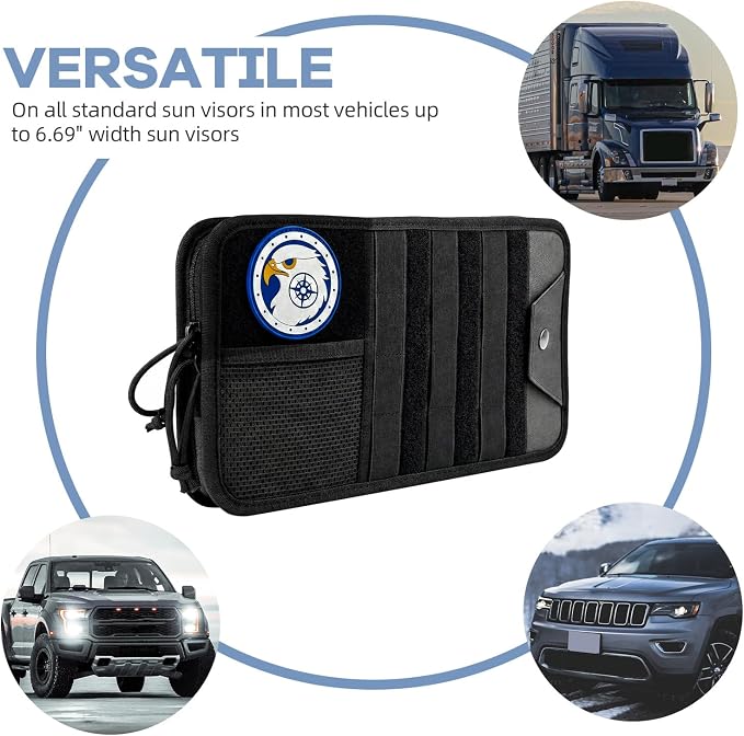 TICARVE Car Sun Visor Organizer, 1000D Nylon MOLLE Pouch with Zipper Black | Heavy-duty 1000D Nylon Car Sun Visor Organizer, With Zipper Pockets, Elastic Straps and Glasses Clip, for Car SUV Truck